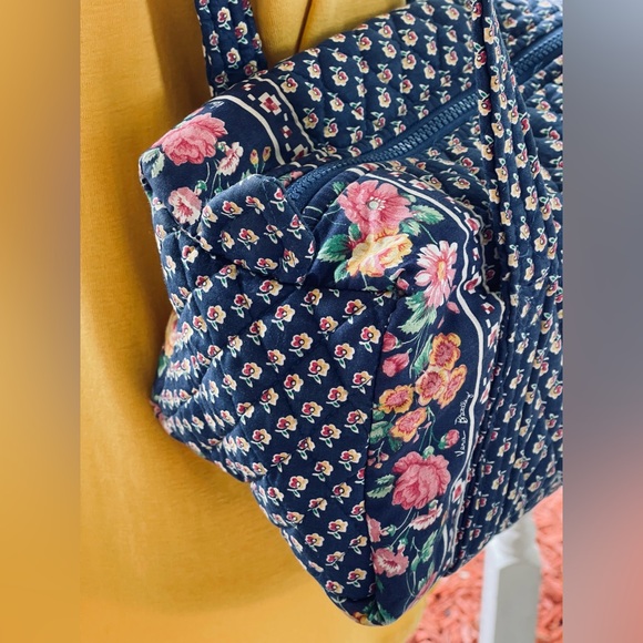 90s Vintage Vera Bradley Mini Duffel in Indiana Pattern Royal Blue Pocket Sides - Picture 5 of 17
